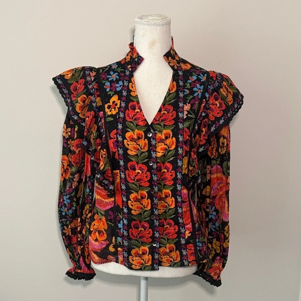 Farm Rio Spring Floral Banana Cotton Blouse  Size Small
